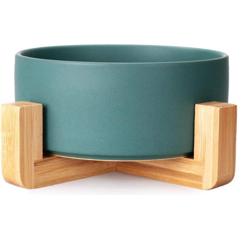 foto del prodotto zvd round ceramic bowl for dog and cat, durable non slip ceramic pet bowls with wooden frame green 