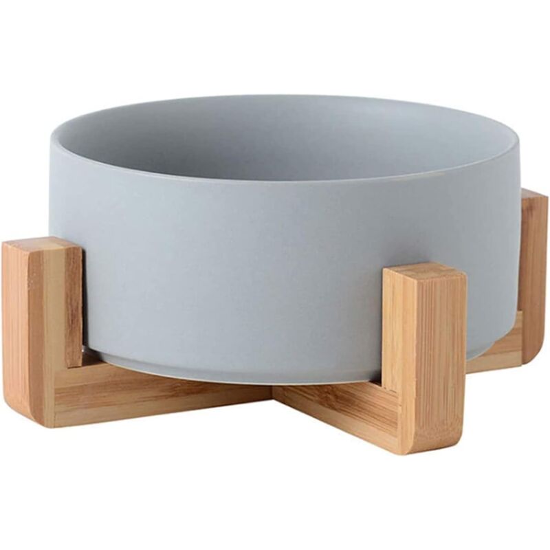 foto del prodotto zvd round ceramic bowl for dog and cat, durable non slip ceramic pet bowls with wooden frame grey 