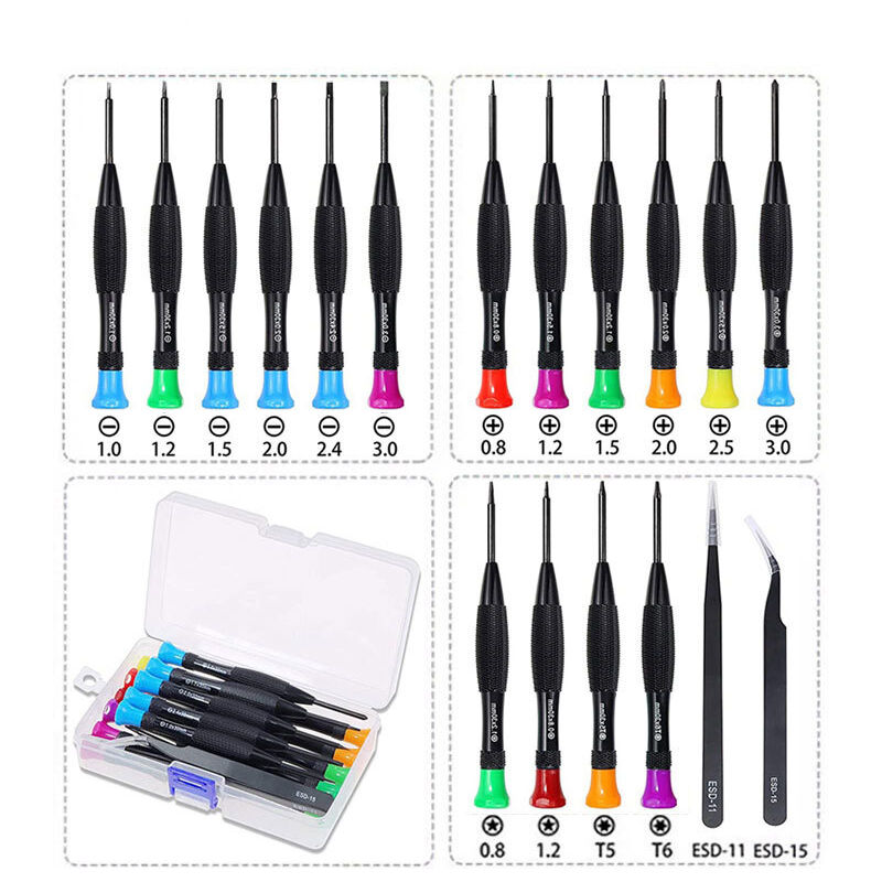 foto del prodotto zvd set di 18 mini cacciaviti magnetici con 2 pinzette scatola portaoggetti riparazione di occhiali, orologi, pc, gioielli, telefono
