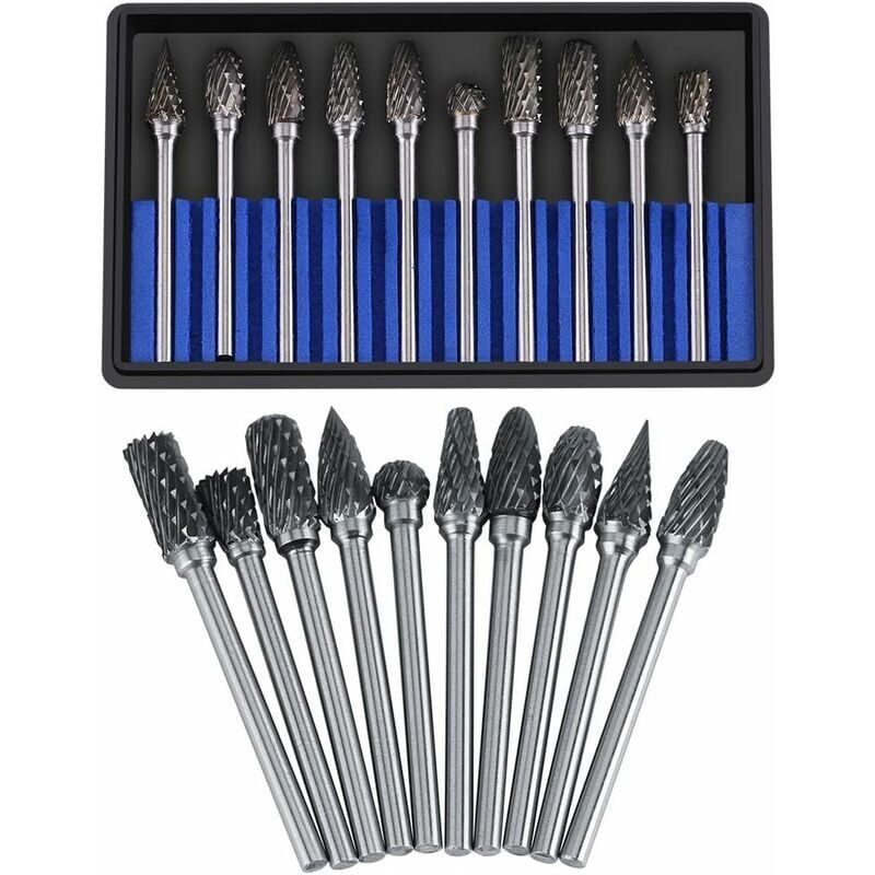 foto del prodotto zvd set di lime rotanti in carburo di tungsteno 10 pezzi diametro testa utensile da taglio 3 mm gambo 6 mm foratura taglio lucidatura metallo