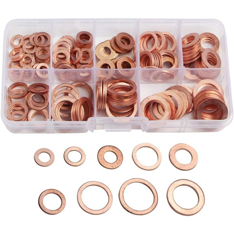 foto del prodotto zvd set di rondelle piatte in rame da 200 pezzi assortimento di guarnizioni metriche m5 m14 con scatola