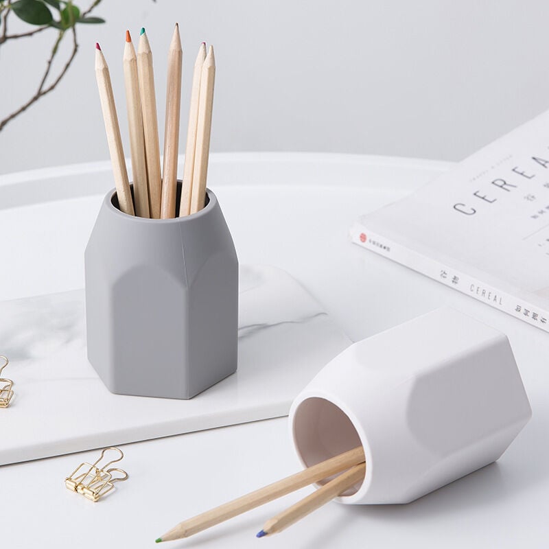 foto del prodotto zvd set of 2 silicone pen holder silicone pen cup creative design geometric pen holder makeup brush holder for office school home white and gray 