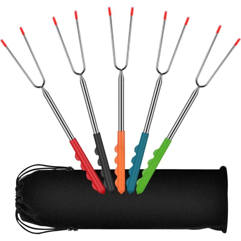 foto del prodotto zvd set of 5 extendable stainless steel 32cm 115cm, bbq skewer campfire bbq skewers bbq cutlery skewers with rubber handle and carry bag for bbq,