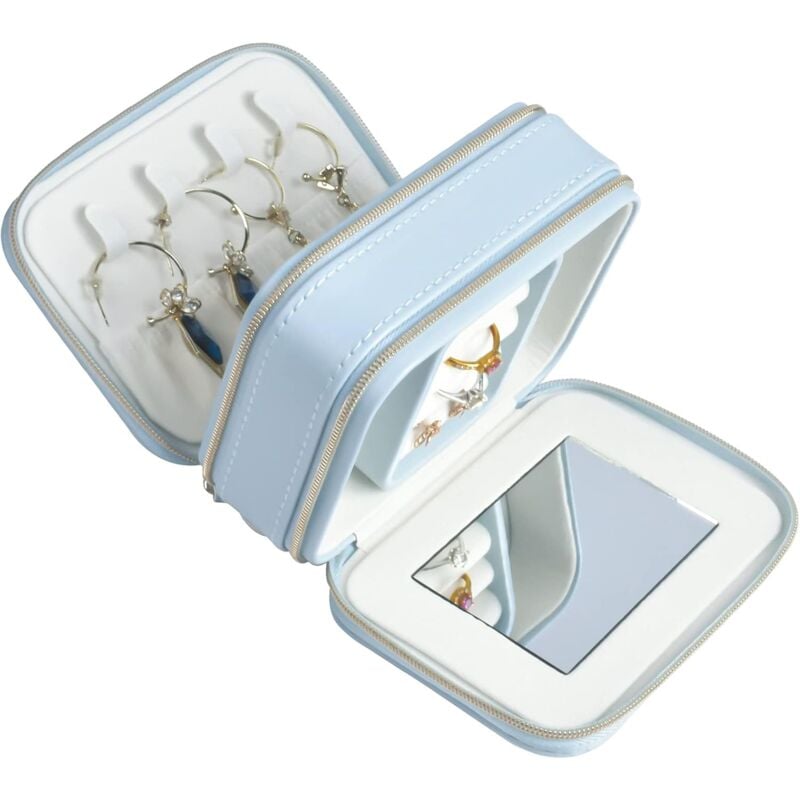 foto del prodotto zvd small jewelry box, jewelry box with mirror, mini 2 tier pu travel jewelry box, portable jewelry organizer for women girls blue 