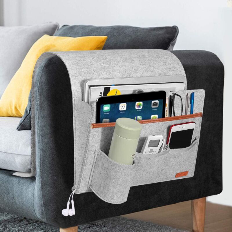 foto del prodotto zvd sofa organizer, 4 pockets with bottle holder armrest hanging storage bag, for bottle, magazines, remote control, phone, tablets, and books