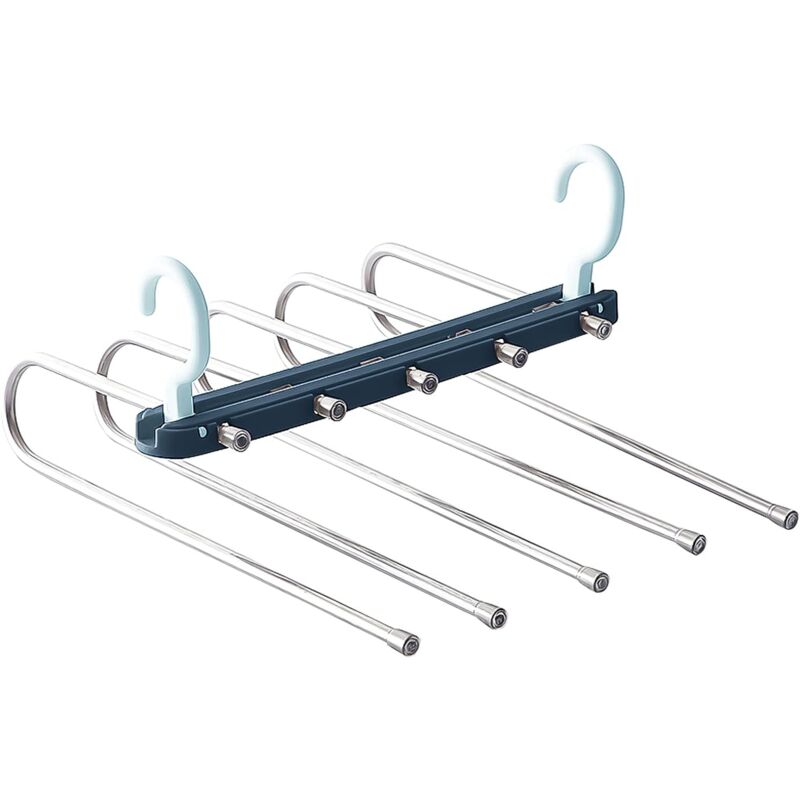 foto del prodotto zvd space saving pant hangers, 5 in 1 retractable non marking pants rack, multi layer pants hanging storage rack for clothes, towels, scarves blue 