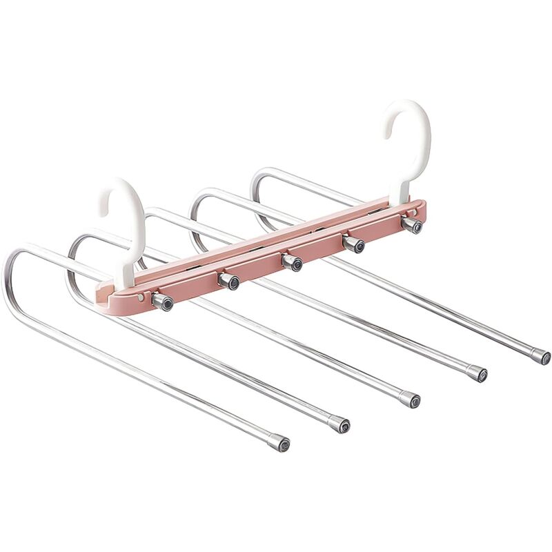 foto del prodotto zvd space saving pant hangers, 5 in 1 retractable non marking pants rack, multi layer pants hanging storage rack for clothes, towels, scarves pink 