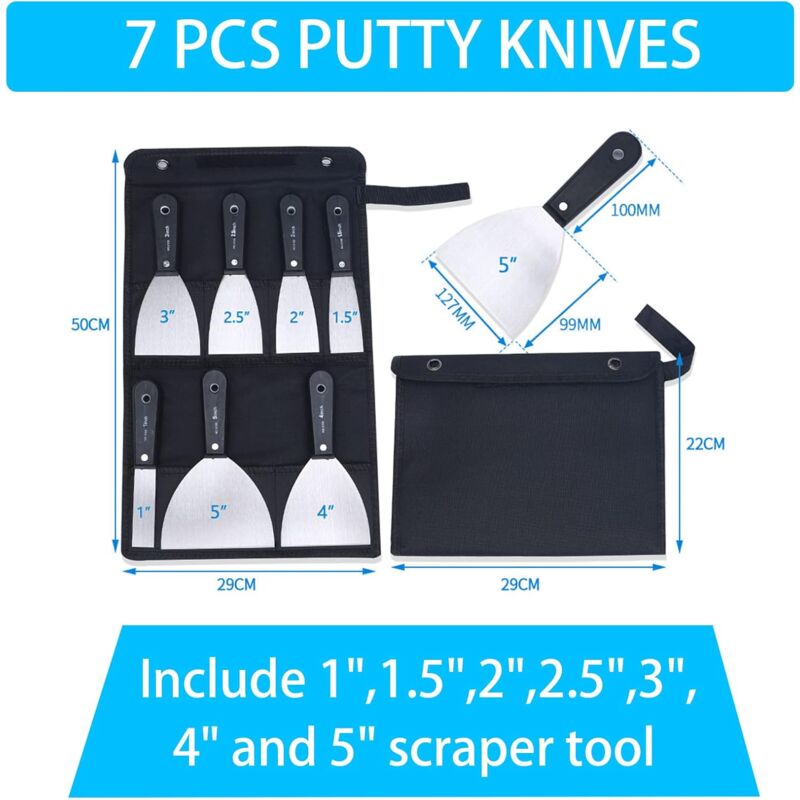 foto del prodotto zvd spatula set putty knife 7 piece scratch and putty knife set, non slip plastic handle with a portable canvas storage tool bag