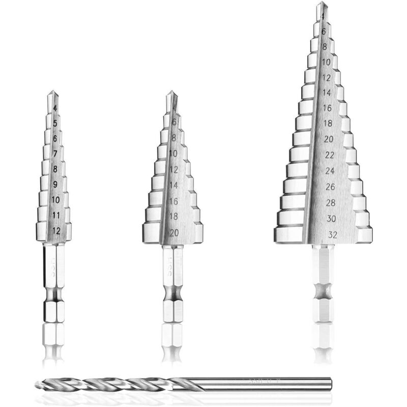 foto del prodotto zvd step drill bit, 4pcs hss metal countersink drill bit 4 12 20 32mm step drill bit steel countersink tapered triangle drill bit