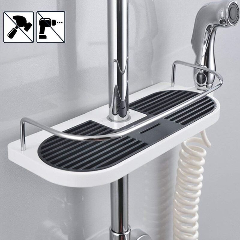 foto del prodotto zvd telescopic shower shelf, aluminum alloy adjustable post shower shelf with 2 towel hooks, no drilling installation, bathroom organizer, 19 25mm