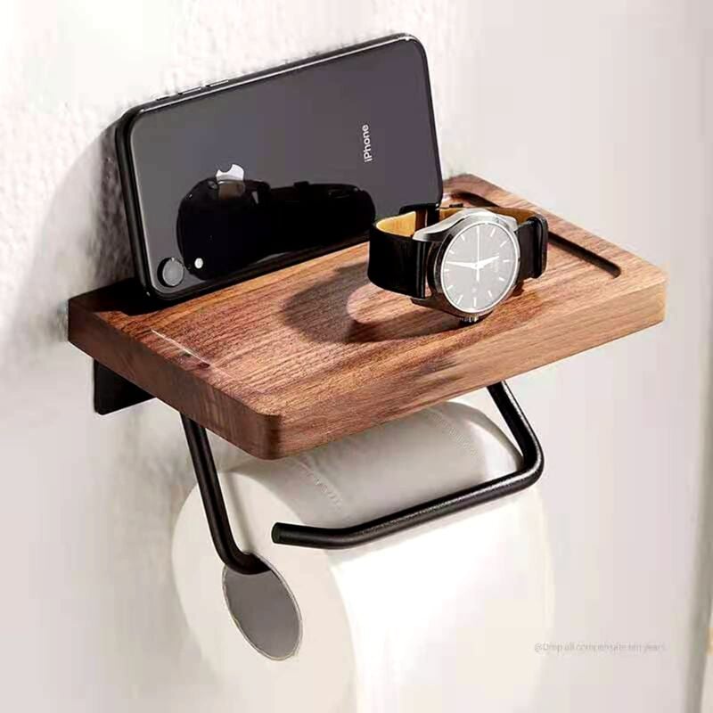 foto del prodotto zvd toilet paper holder with shelf in black walnut for bathroom, wall mounted toilet paper holder for roll