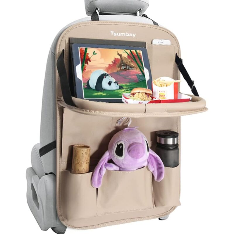 foto del prodotto zvd tsumbay car organizer, car seat back protector, waterproof kick mats with dining table, multi pockets for car storage, 1pc beige