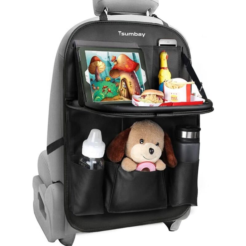 foto del prodotto zvd tsumbay car organizer, car seat back protector, waterproof kick mats with dining table, multi pockets for car storage, 1pc black