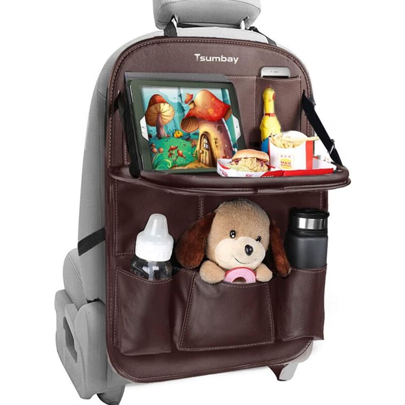 foto del prodotto zvd tsumbay car organizer, car seat back protector, waterproof kick mats with dining table, multi pockets for car storage, 1pc brown