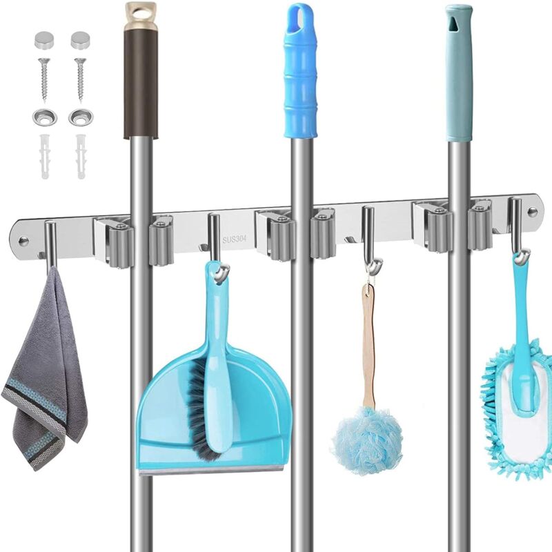 foto del prodotto zvd upgraded wall mounted mop rack, 304 stainless steel cleaning tool rack with 3 holders and 4 hooks, convenient holder for kitchen, garage,