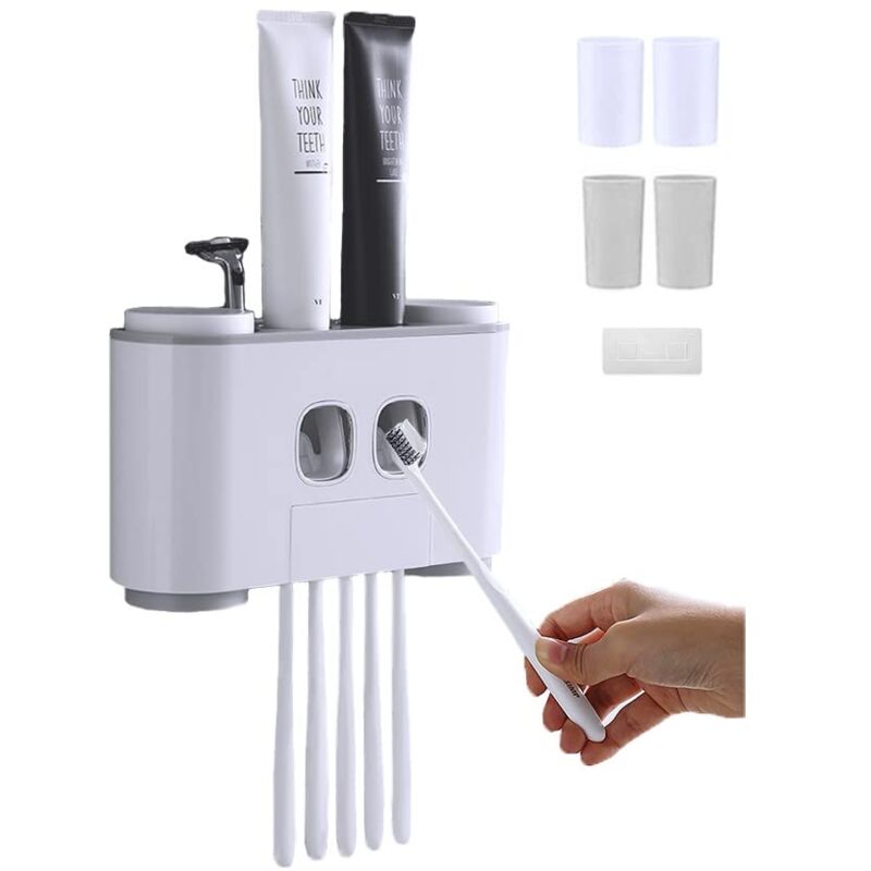 foto del prodotto zvd wall mounted toothbrush holder for 4 with 2 toothpaste dispensers, 4 cups and 5 toothbrush slots grey 