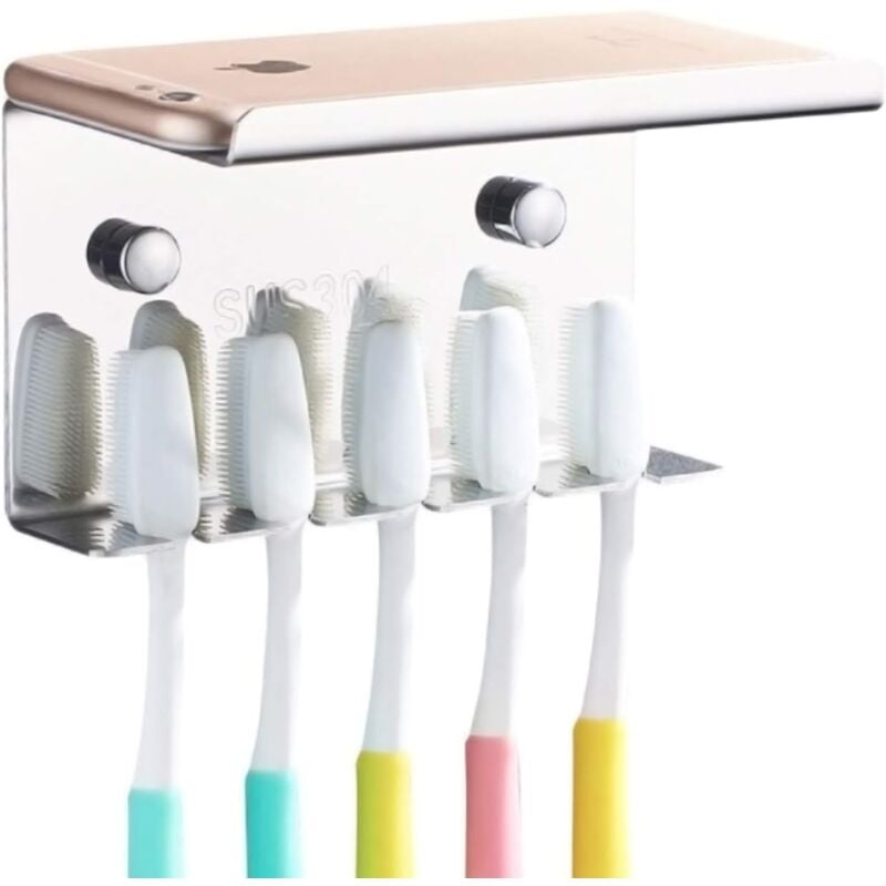 foto del prodotto zvd wall mounted toothbrush holder with shelf, 304 stainless steel, storage rack for toothbrush, toothpaste, mobile phone, facial cleanser silver 