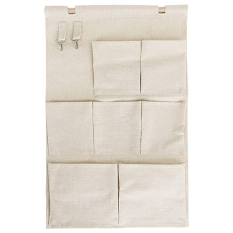 foto del prodotto zvd wall storage bags, cotton fabric hanging organizer, solid color linen pocket on closet door, layered pocket design with 2 hooks 7 pockets 