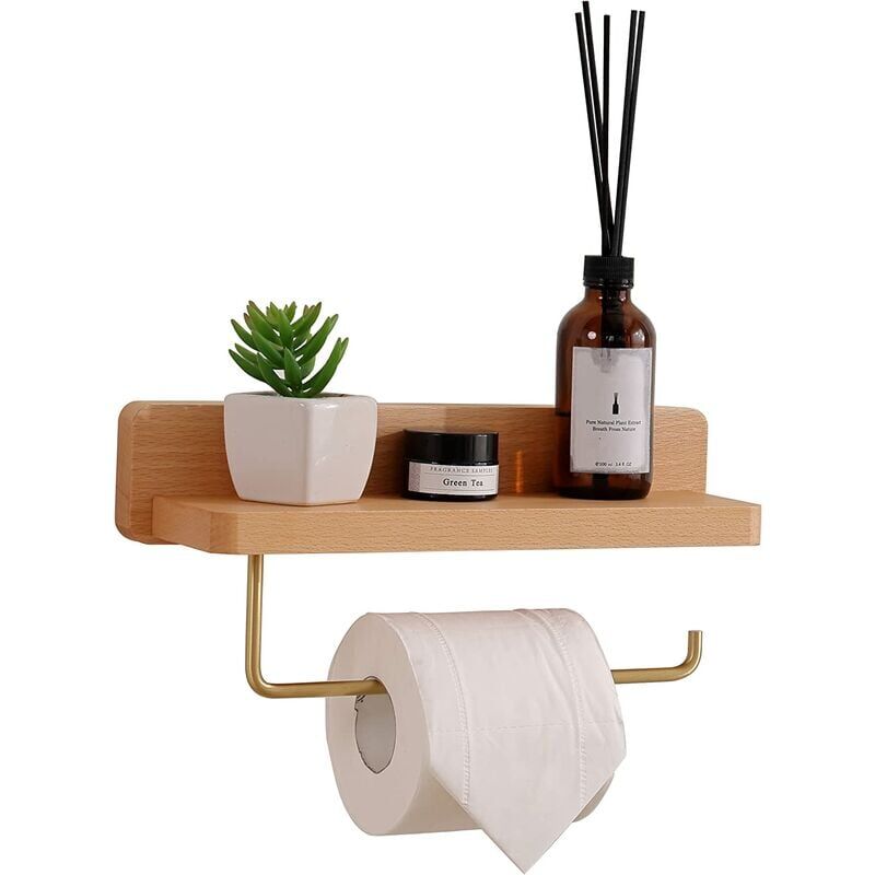 foto del prodotto zvd wooden toilet paper holder with shelf 30cm self adhesive wall mounted toilet paper holder for bathroom, beech