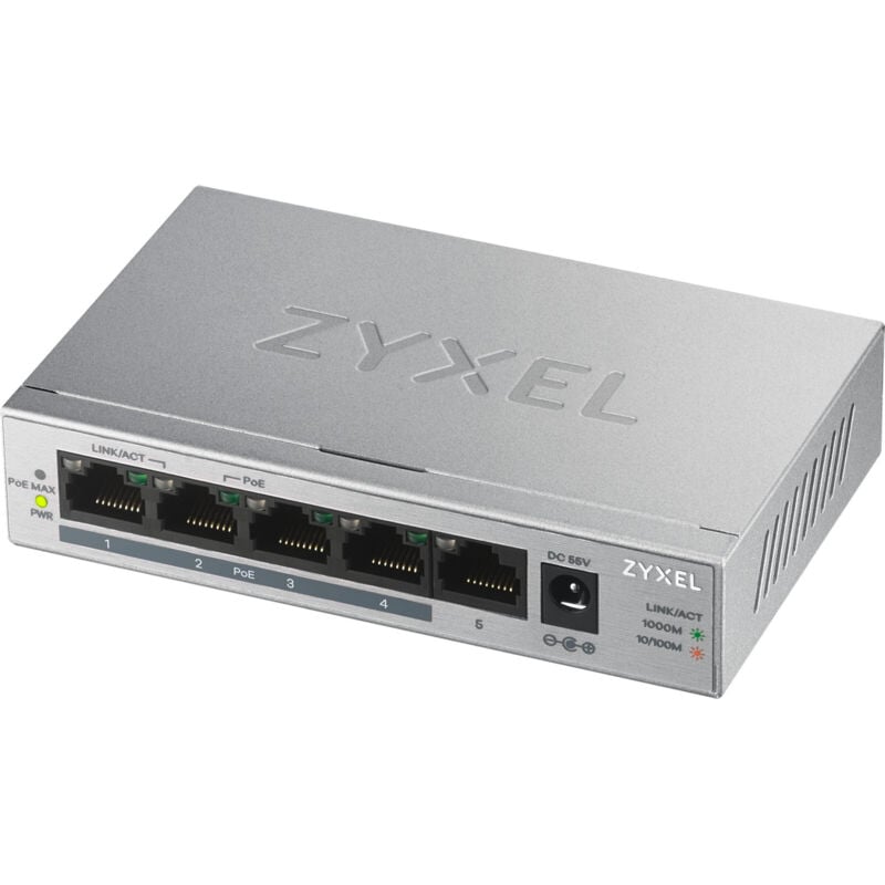 foto del prodotto zyxel gs1005hp switch di rete 5 porte gigabit ethernet non gestito poe argento